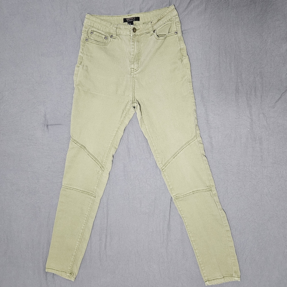 Forever 21 Contemporary Moto Skinny Jeans, Size 27, Olive Green, High Waist